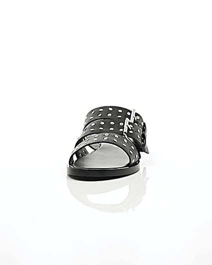 360 degree animation of product Black leather studded strap sandals frame-3