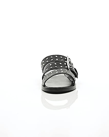 360 degree animation of product Black leather studded strap sandals frame-4