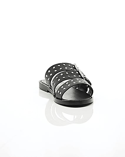 360 degree animation of product Black leather studded strap sandals frame-5