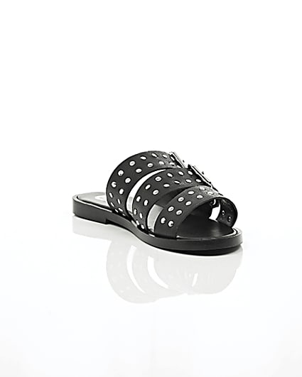 360 degree animation of product Black leather studded strap sandals frame-6