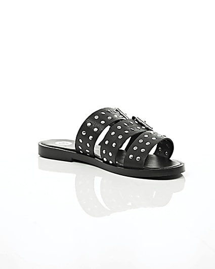 360 degree animation of product Black leather studded strap sandals frame-7