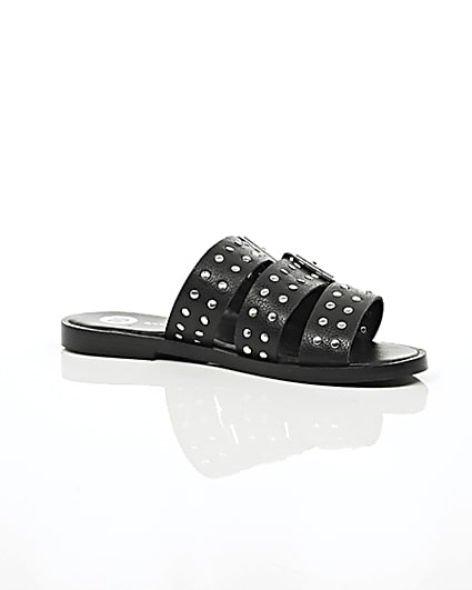 360 degree animation of product Black leather studded strap sandals frame-8