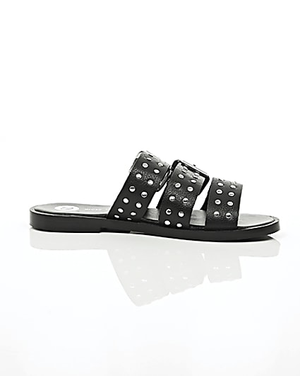 360 degree animation of product Black leather studded strap sandals frame-9