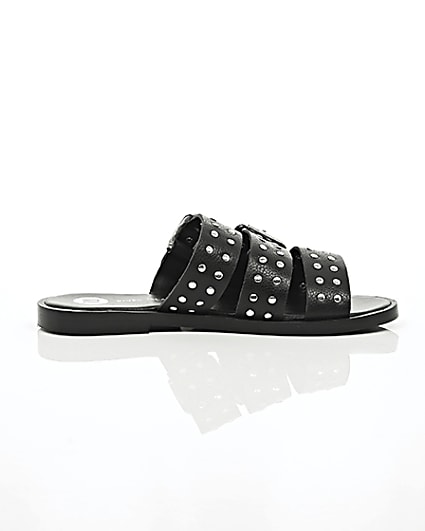 360 degree animation of product Black leather studded strap sandals frame-10