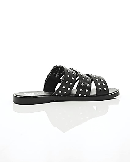 360 degree animation of product Black leather studded strap sandals frame-11
