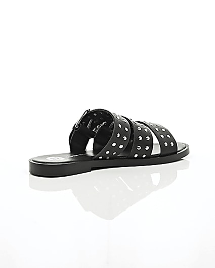 360 degree animation of product Black leather studded strap sandals frame-12