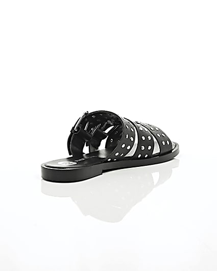 360 degree animation of product Black leather studded strap sandals frame-13