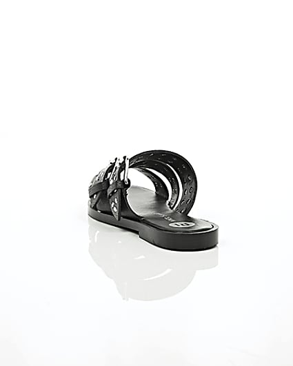360 degree animation of product Black leather studded strap sandals frame-17