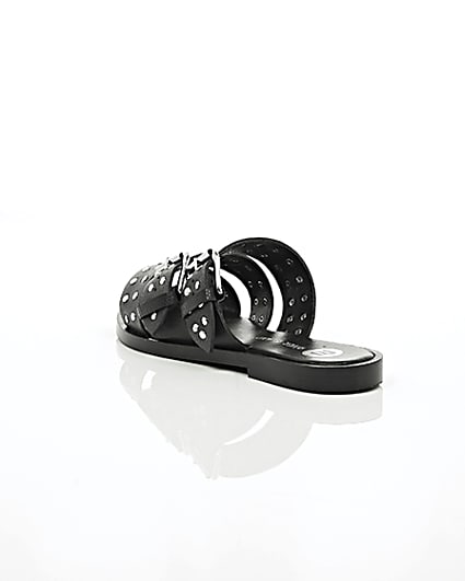 360 degree animation of product Black leather studded strap sandals frame-18