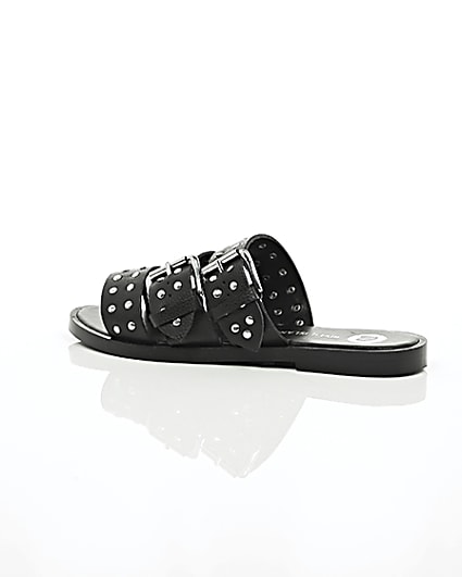 360 degree animation of product Black leather studded strap sandals frame-20