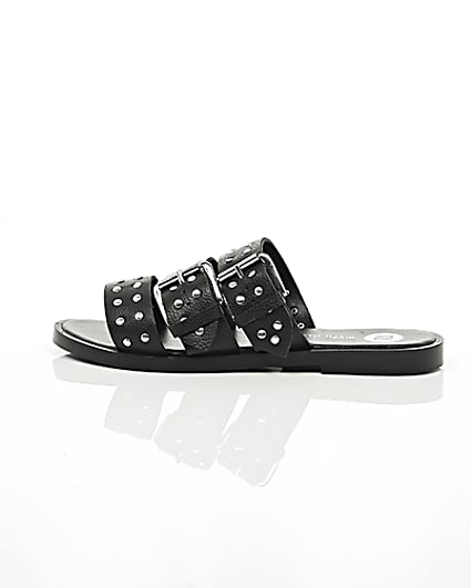 360 degree animation of product Black leather studded strap sandals frame-21