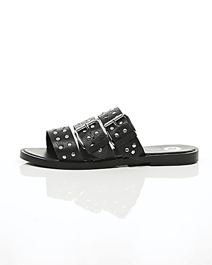 360 degree animation of product Black leather studded strap sandals frame-22