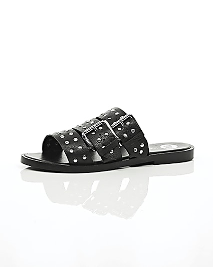 360 degree animation of product Black leather studded strap sandals frame-23