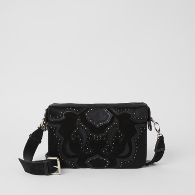 Black leather studded western cross body bag | River Island