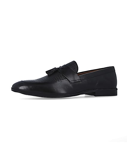 360 degree animation of product Black leather tassel detail embossed loafers frame-2