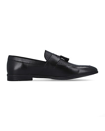 360 degree animation of product Black leather tassel detail embossed loafers frame-15