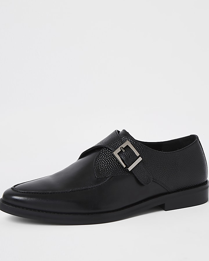 Black leather textured monk strap shoes