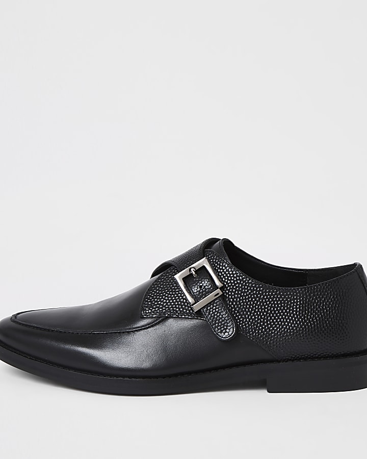 Black leather textured monk strap shoes