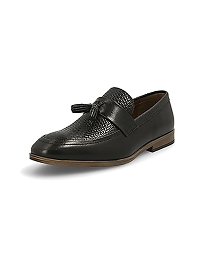 360 degree animation of product Black leather textured tassel loafers frame-0