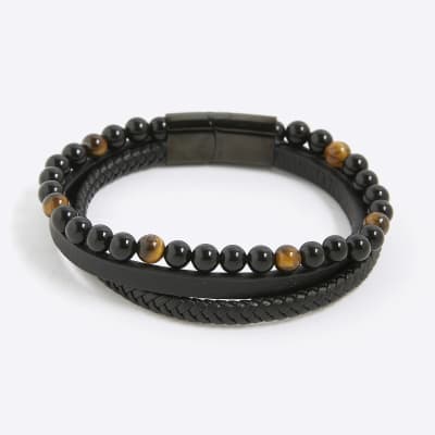 Black Leather Tigers Eye Bracelet River Island
