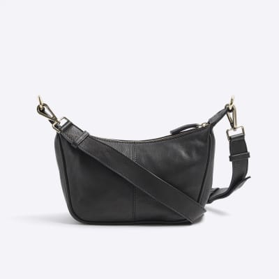 Black leather weave cross body bag River Island