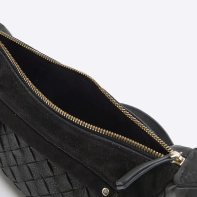 Black leather weave cross body bag River Island