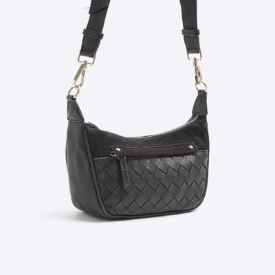 Black leather weave cross body bag River Island
