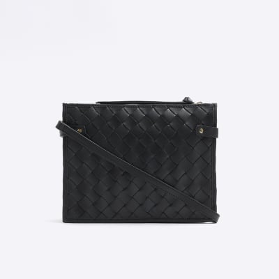Black leather weave cross body bag River Island