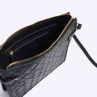 Black leather weave cross body bag River Island
