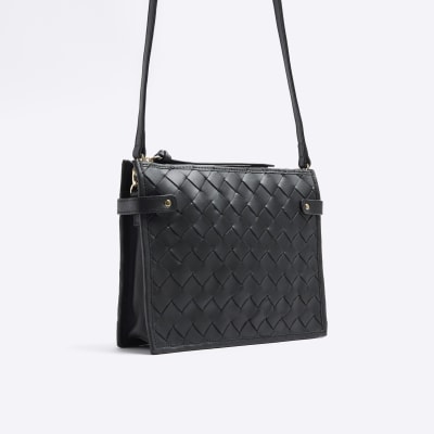 Black leather weave cross body bag River Island