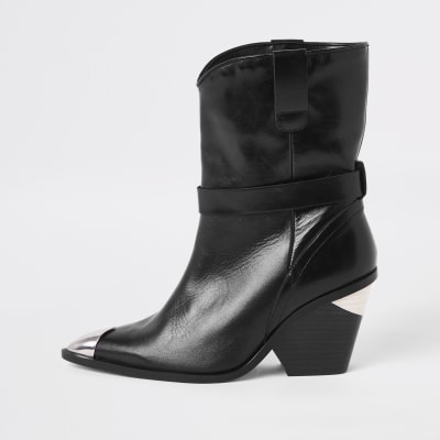 Black leather western ankle boots