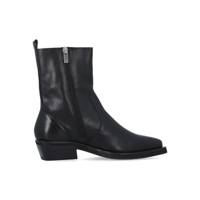Black leather western ankle boots | River Island