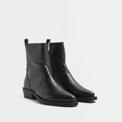 Black leather western ankle boots | River Island