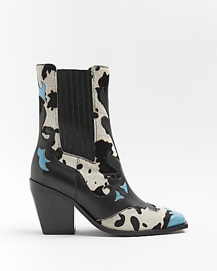 Black leather western cow print boots