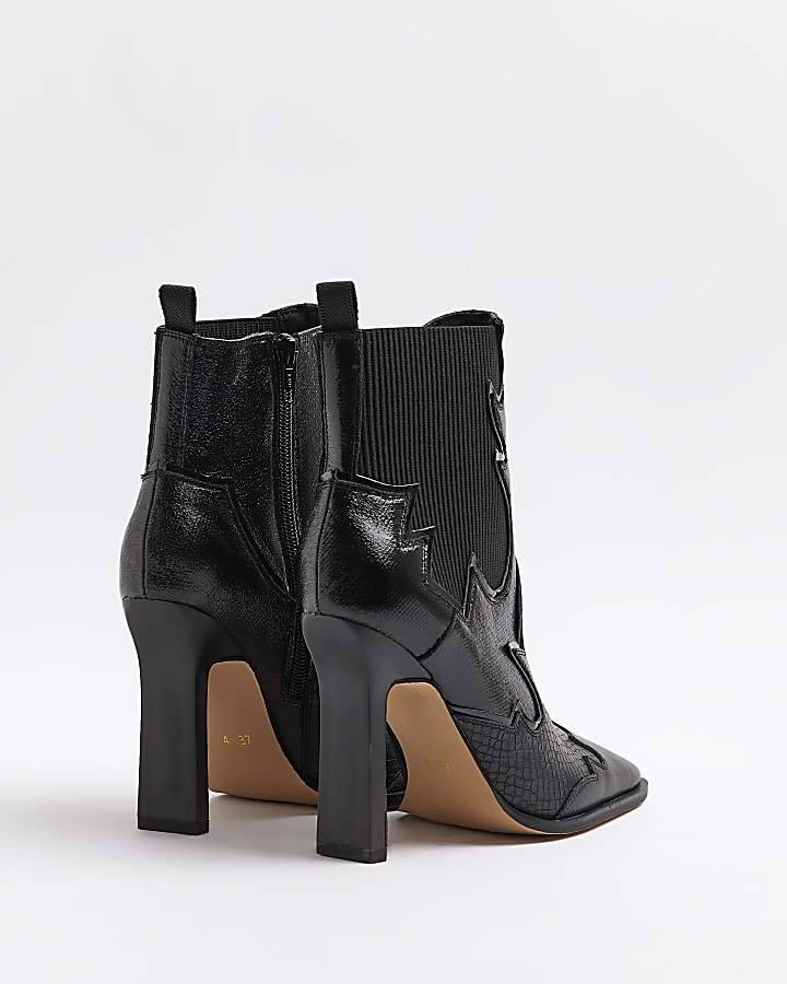 Black leather western heeled ankle boots