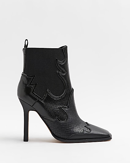 Black leather western heeled ankle boots