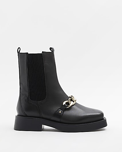 Black leather wide fit chain boots
