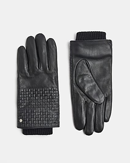 Black Leather Woven Gloves