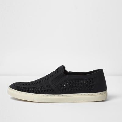 Black leather woven plimsolls
