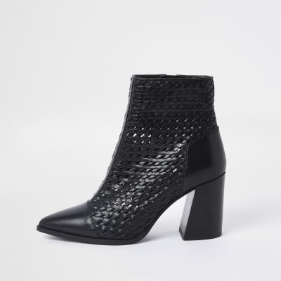 Black leather woven pointed toe boot