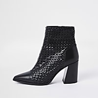 Black leather woven pointed toe boot