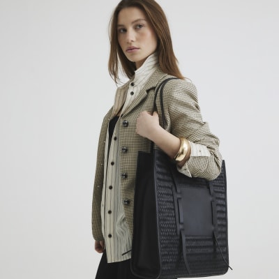 Black Leather Woven Shopper Bag