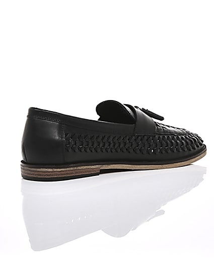 360 degree animation of product Black leather woven tassel loafers frame-12