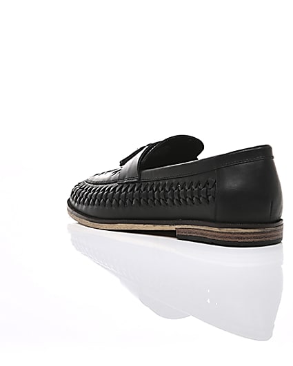 360 degree animation of product Black leather woven tassel loafers frame-18