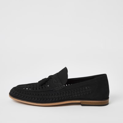 Black leather woven tassel loafers | River Island