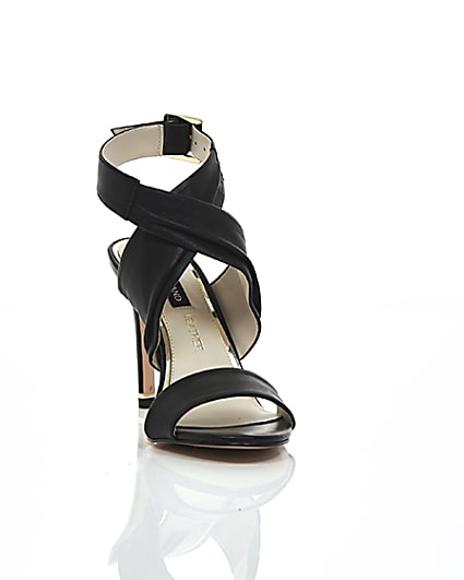 360 degree animation of product Black leather wrap skinny heel sandals frame-5