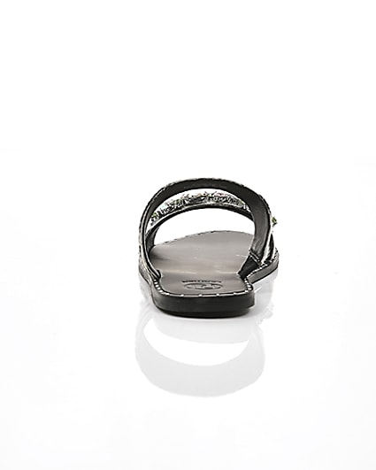 360 degree animation of product Black leather zebra print gem flat mules frame-15