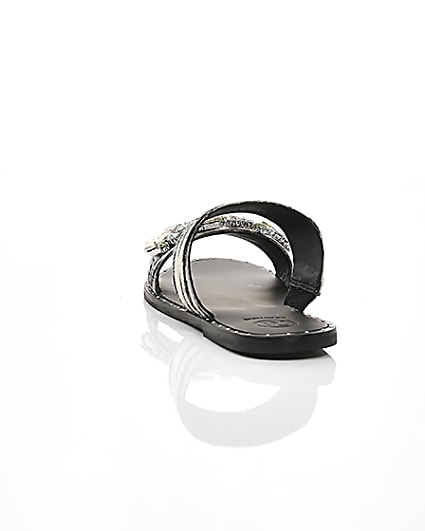 360 degree animation of product Black leather zebra print gem flat mules frame-16
