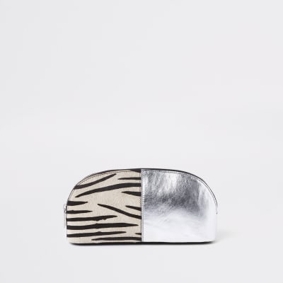 Black leather zebra print make-up bag