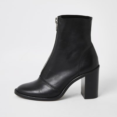 Black leather zip front heeled boots | River Island